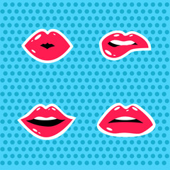 Cosmetics and makeup seamless pattern. Closeup beautiful lips of woman with red lipstick and gloss. Sexy wet lip make-up. Open mouth. Sweet kiss.Funny wallpaper for textile and fabric. Fashion style.