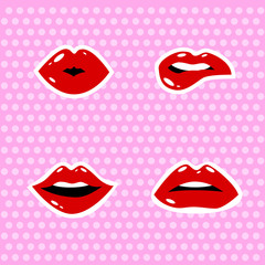 Cosmetics and makeup seamless pattern. Closeup beautiful lips of woman with red lipstick and gloss. Sexy wet lip make-up. Open mouth. Sweet kiss.Funny wallpaper for textile and fabric. Fashion style.