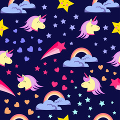 Abstract seamless pattern for girls, boys.Creative vector background with unicorn, hearts.Funny wallpaper for textile and fabric.Fashion style.Colorful bright picture for children.Pink, yellow, blue