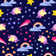 Naklejka premium Abstract seamless pattern for girls, boys.Creative vector background with unicorn, hearts.Funny wallpaper for textile and fabric.Fashion style.Colorful bright picture for children.Pink, yellow, blue