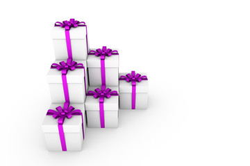 White gift boxes with violet ribbon bow