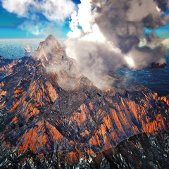 Smoking caldera of the volcano 3d rendering