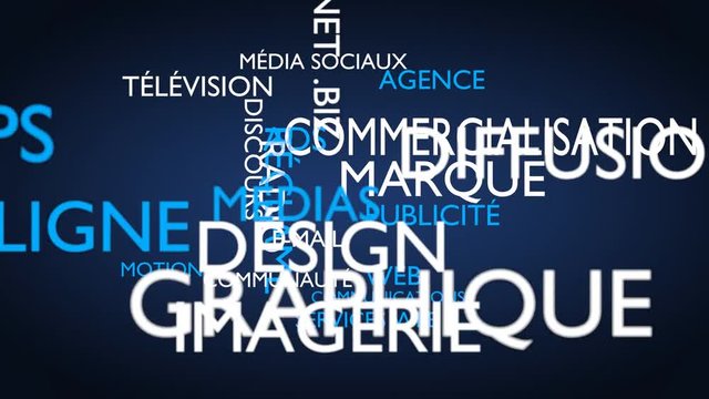 Marketing, branding word tag cloud - blue, Spanish variant, 3D rendering, UHD