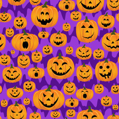 Abstract seamless pattern for girls,boys, kids, halloween, clothes. Creative vector background with face of pumpkin.Funny wallpaper for textile and fabric. Fashion style. Colorful bright.