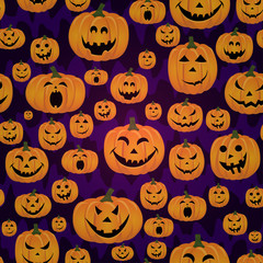 Abstract seamless pattern for girls,boys, kids, halloween, clothes. Creative vector background with face of pumpkin.Funny wallpaper for textile and fabric. Fashion style. Colorful bright.