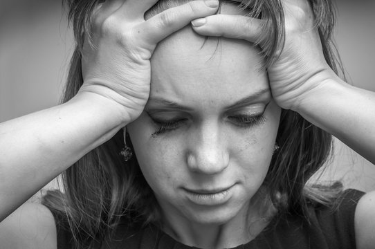 Close Up Black And White Portrait Of A Crying Woman