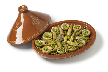  Moroccan oval tajine with meat, okra, green peas and artichoke hearts