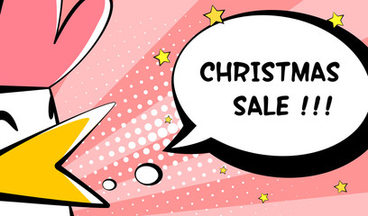 Christmas Sale card with cock and text cloud. Comics style. Vector © yanabear