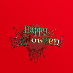 Happy Halloween lettering greeting card. Letters with a red splash, a bloodstain. Halloween banner with place for your text or pictures. 3D illustration. Golden metal, enamel and colored glass texture