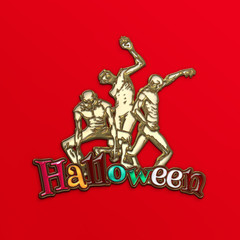 Zombie sticker. 3D illustration of zombies in different poses with Halloween red text. Emblem isolated on the red background. Zombie Party Poster. Banner. Golden metal, enamel and colored glass.