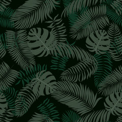 Seamless pattern with hand-drawn tropical leaves