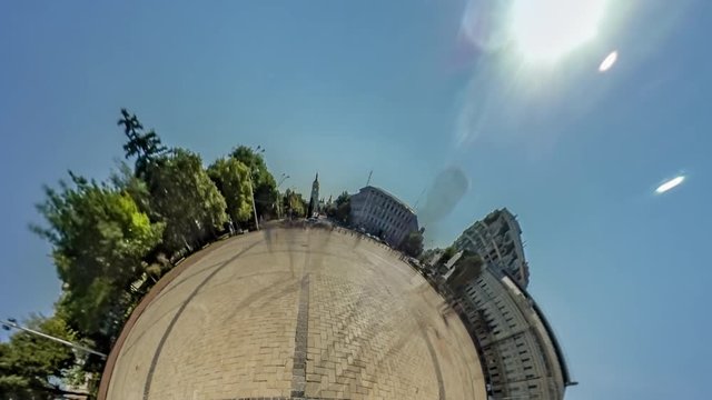 Little Tiny Planet 360 Degree Kiev Sights Michailovskaya Square People Near Michailovsky Cathedral Walking by Paving Tiles in Sunny Day Tour to Kiev