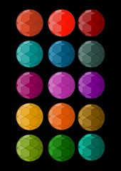 Set of polygonal designed spheres in different colors. Design element for print, web. Multicolored facet surface.