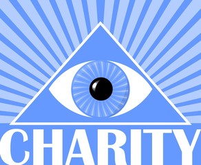 Charity flyer with a symbol of God's eye in triangle. Blue background with white rays. Poster for christian charity events.