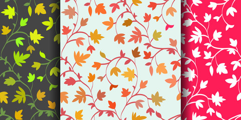Set: 3 Seamless floral pattern with branches and leaves, abstract texture, endless background. Vector illustration