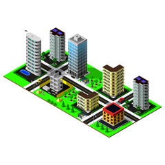 Isometric city. Map includes business center, offices, hotel, car, street lamp, markings, constraction and skyscrapers. 3d map icon.