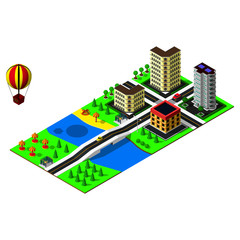 3d map. Isometric landscape. Map includes beach, river, bridge, car, markings, buildings, bus stop and hot air balloon. Isometric city icon.