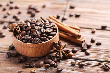 Roasted coffee beans on a brown wooden table