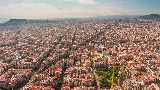 summer day barcelona cityscape sagrada familia aerial panorama 4k time lapse spain
