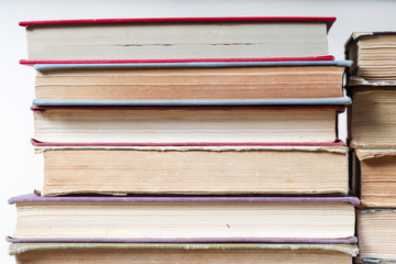 Stack of hardback books, close-up. Back to school. Copy space