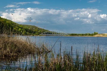 Blue Lake with yellow grass in the foreground