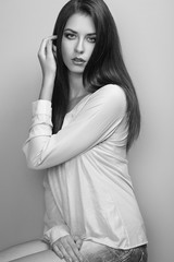 Fototapeta premium Black and white portrait of young beautiful girl