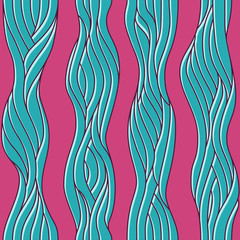Seamless abstract background with braids. Hand-drawn cyan plaits on pink backdrop.