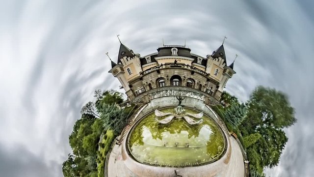 Little Tiny Planet 360 Degree Puppet Theater Kiev Sights Fairy Tale House Small Artificial Lake on a Square Paving Stones Green Trees Tourism in Ukraine
