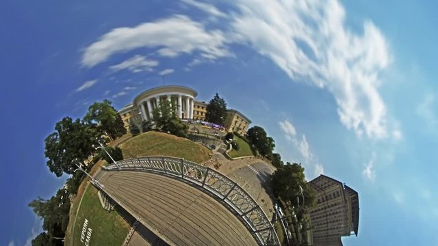 Little Tiny Planet 360 Degree Independence Square People Tourists Are Walking by Bridge Over the Place Kiev Sights in Sunny Day Cityscape Tour to Kiev