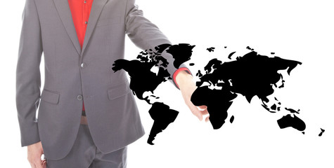 Young businessman with black world map on white background