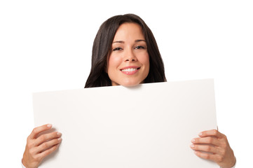 Casual Young Woman with Blank Sign isolated on White background