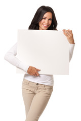 Naklejka premium Casual Young Woman with Blank Sign isolated on White background