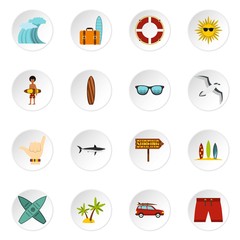 Surfing icons set. Flat illustration of 16 surfing vector icons for web