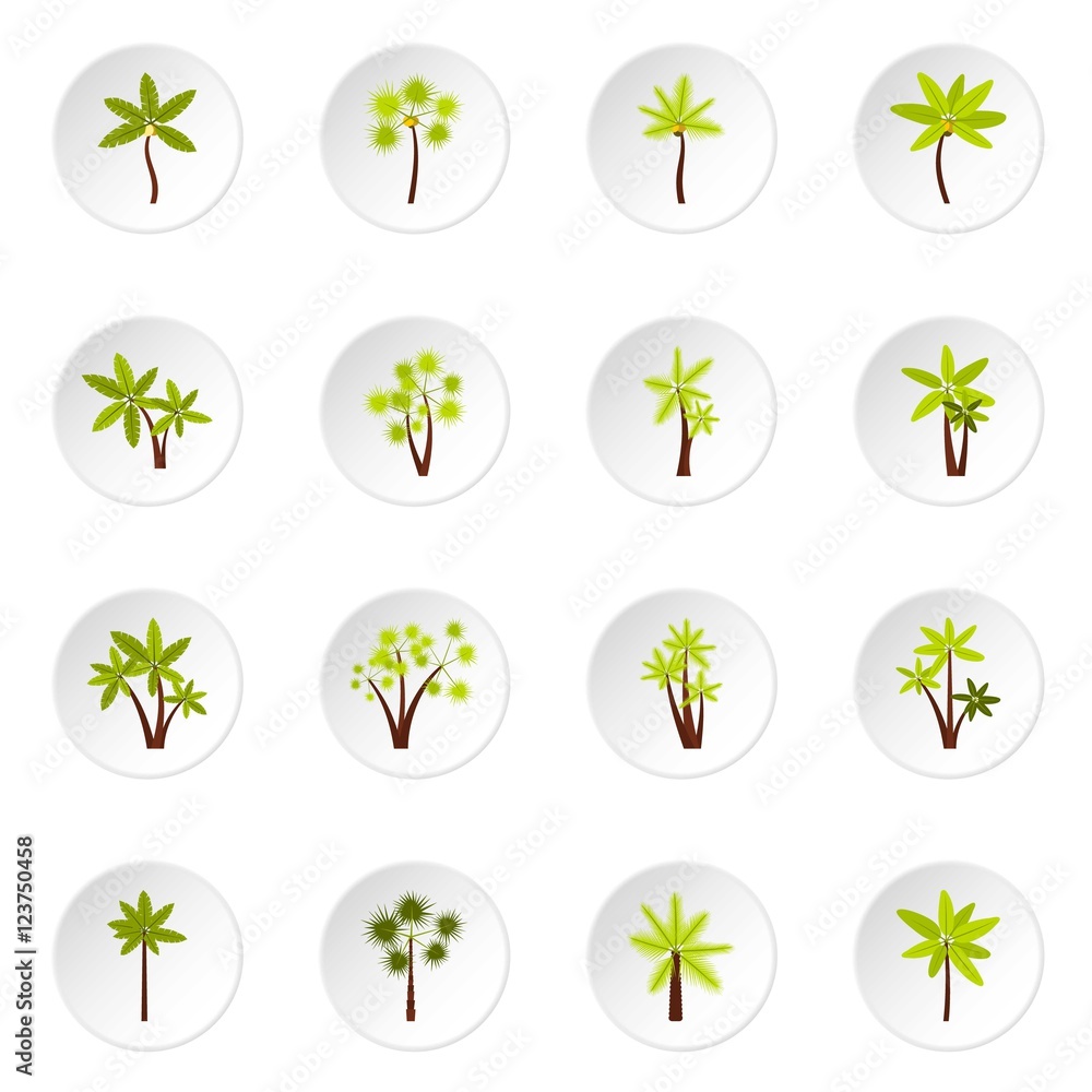 Poster palm tree icons set. flat illustration of 16 palm tree vector icons for web