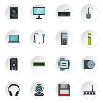 Computer equipment icons set. Flat illustration of 16 computer equipment vector icons for web