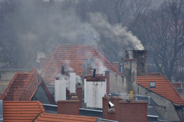 Dachy i dymy w zimny dzień - obrazy, fototapety, plakaty
