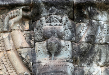 Ancient bas-relief of Terrace of the Elephants in Angkor Thom, Cambodia.