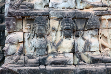 Ancient bas-relief at the Terrace of the Elephants in Angkor Tho