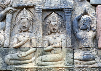 Fototapeta na wymiar Ancient bas-relief at the Terrace of the Elephants in Angkor, Cambodia