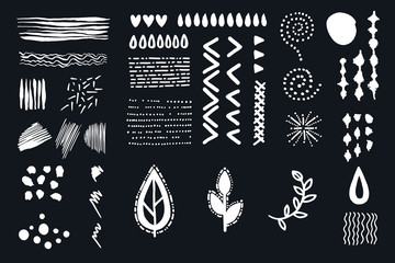 A set of elements and textures made with ink. Circles, stripes, triangle, heart, wave, drop, leaf, spiral, ornament. Hand drawn. Collection for your design.