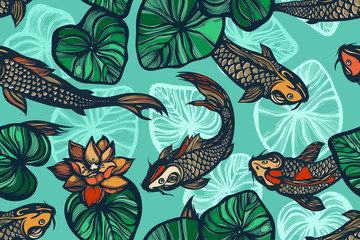 Fototapeta premium Seamless pattern with koi carp fish, flowers and leaves of the lotus. Pond. Background in the Chinese style. Hand drawn.