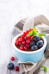 Delicious chocolate dessert with berries and mint served in ramekin. Copy space