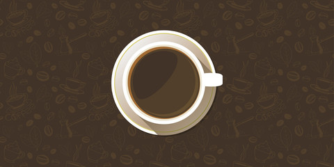 Coffee cup on a saucer top view background. White mug full of coffee on seamless hand drawn backdrop. Vector eps10 illustration.