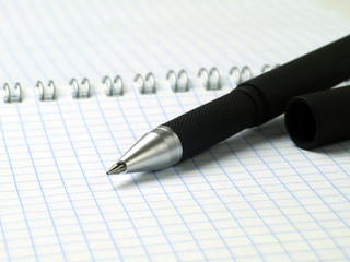 ballpoint pen on open spiral notebook, macro, shallow depth of field