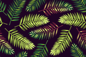 Seamless pattern with palm leaves on a dark background.