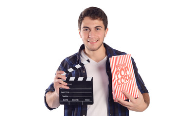 Man with popcorn and clapper board.