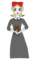 Colorful girl with a bow on a head and with a toy by a bear in h