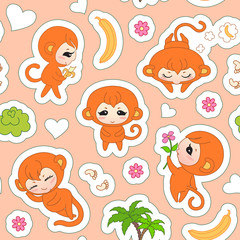Seamless background with cute cartoon monkeys in different poses. 