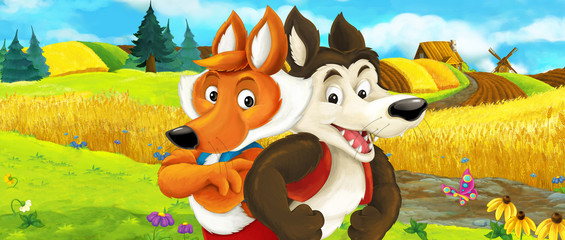 Obraz na płótnie Canvas Cartoon farm scene - summer scene - with wolf and fox on the farm fields - illustration for children