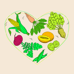 Vegetable and fruit food health care heart shape template design. Vegetarian menu set. Vegetables and diet, fresh and fruit. Vector illustration. Cartoon illustration / graphic or web design layout.